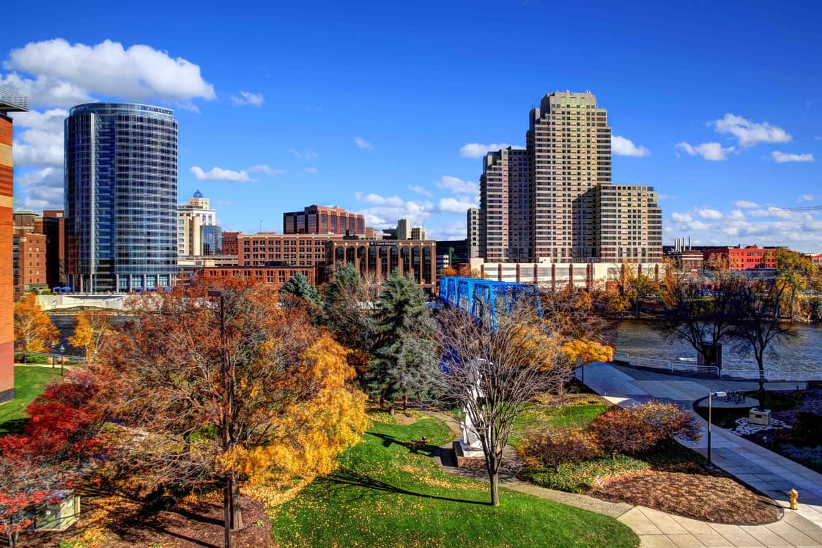 Downtown Grand Rapids, Michigan in autumn, with the Grand River, the Blue Bridge, and the JW Marriott tower